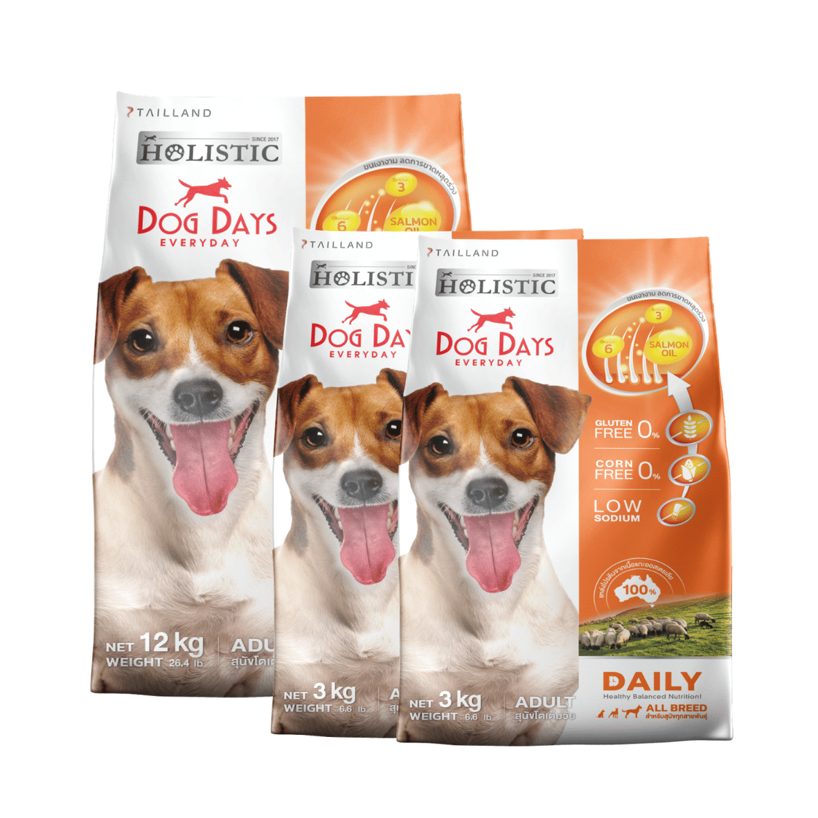 อาหารเม็ดสำหรับสุนัข DOG DAYS DAILY เกรดโฮลิสติก รสเนื้อแกะ สูตรลดขนร่วงโดยเฉพาะ 12 กก.(X1) และ 3 กก.(X2) (ชุด 3 ถุง)_0